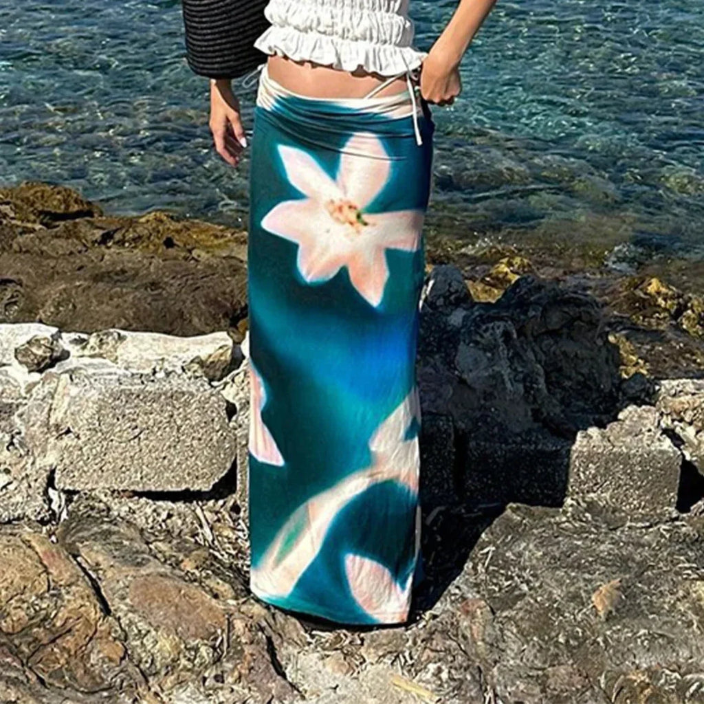 Summer Blue Print High Waist Maxi Skirt Club