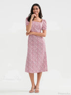 Summer Floral Midi Puff Sleeve A-Line Dress