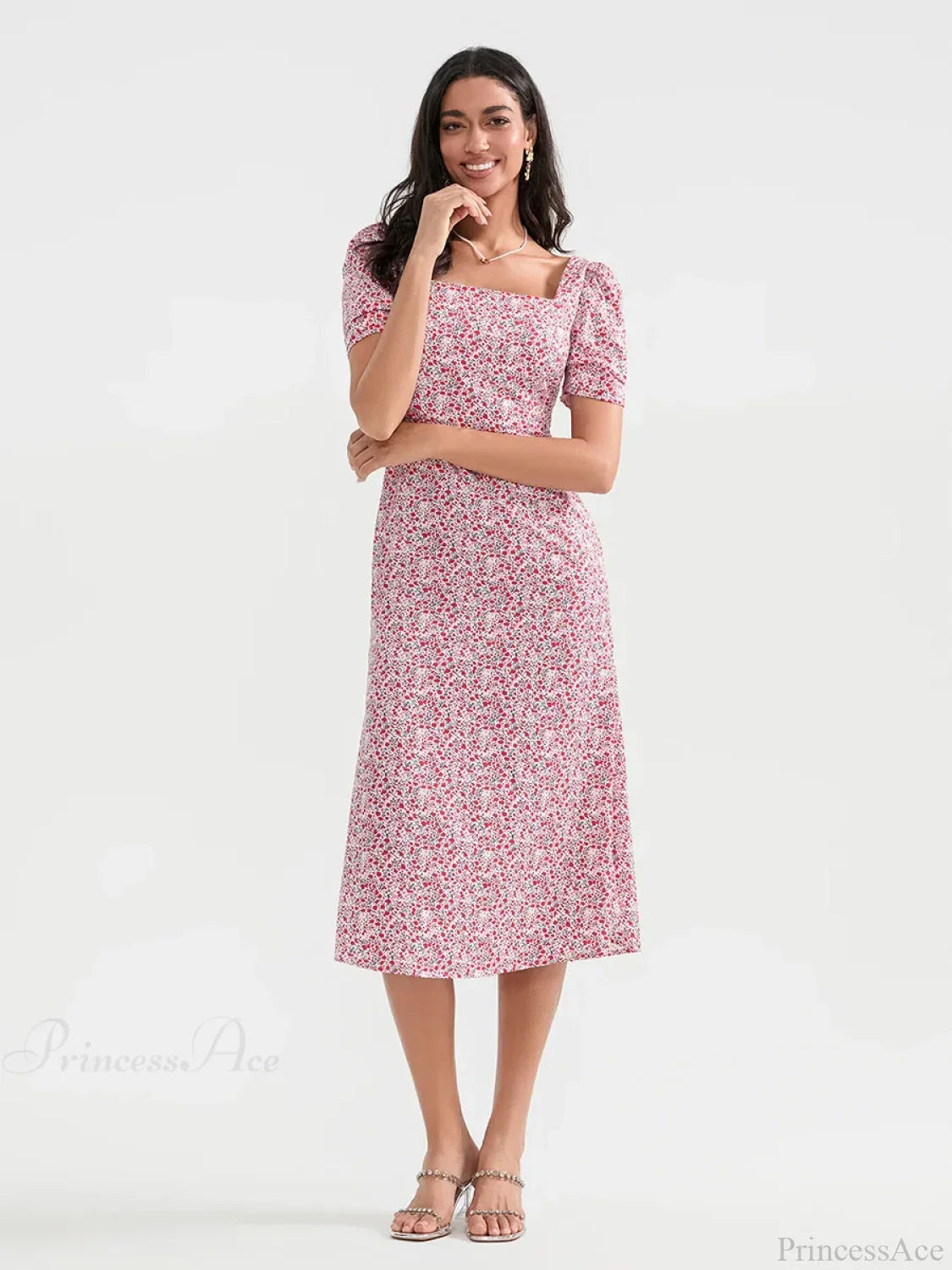 Summer Floral Midi Puff Sleeve A-Line Dress