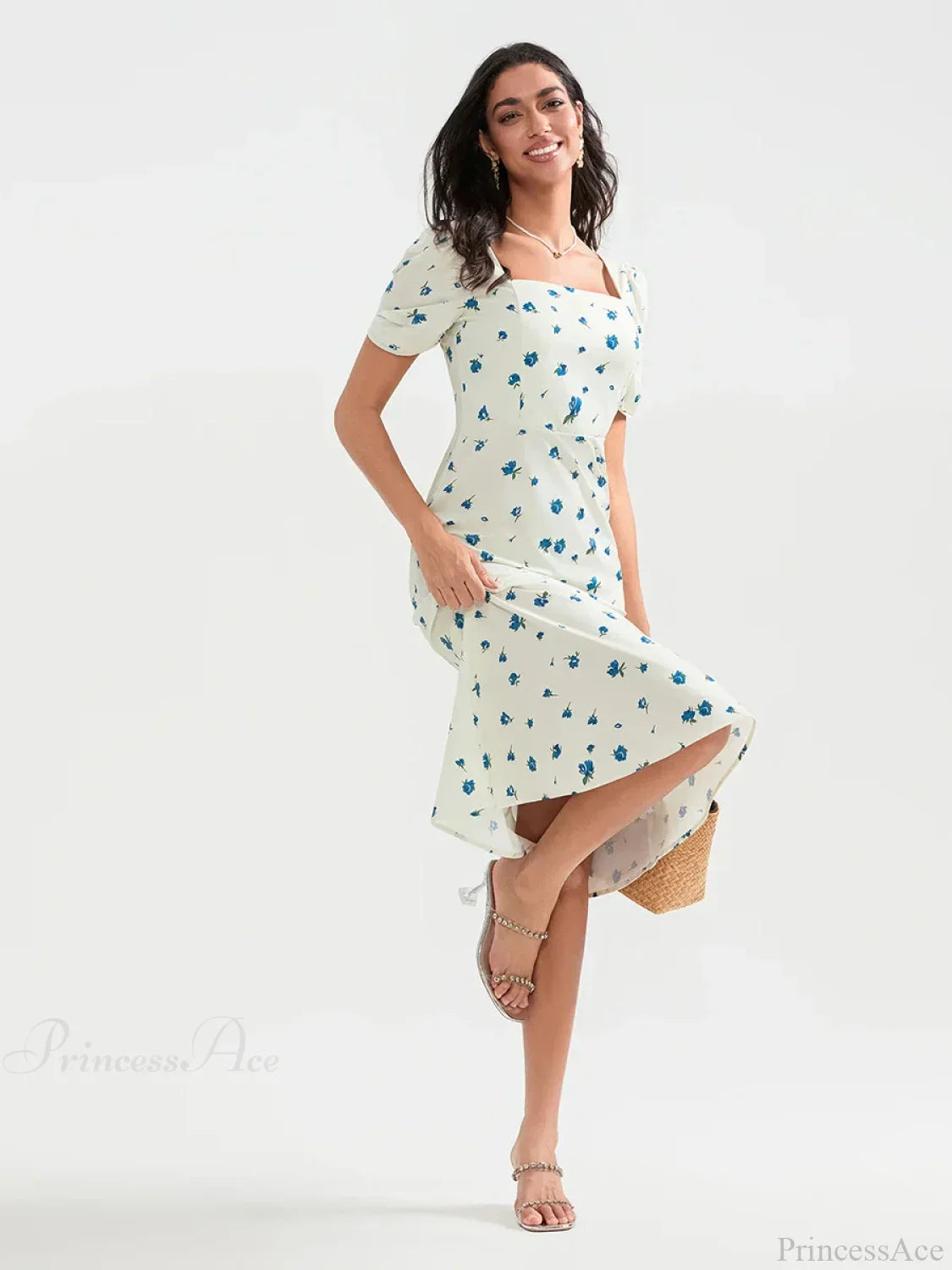 Summer Floral Midi Puff Sleeve A-Line Dress