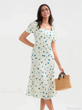 Summer Floral Midi Puff Sleeve A-Line Dress