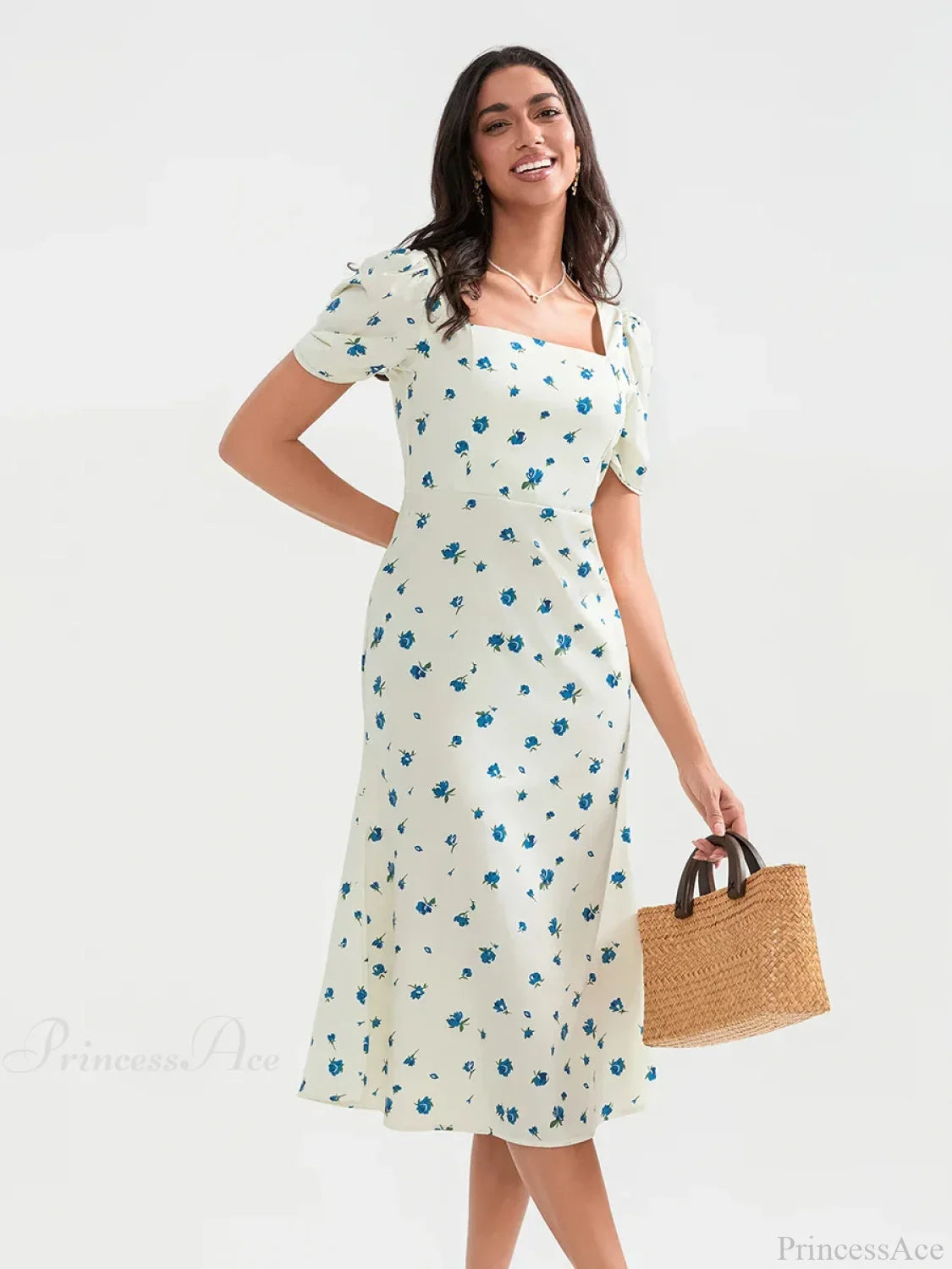 Summer Floral Midi Puff Sleeve A-Line Dress