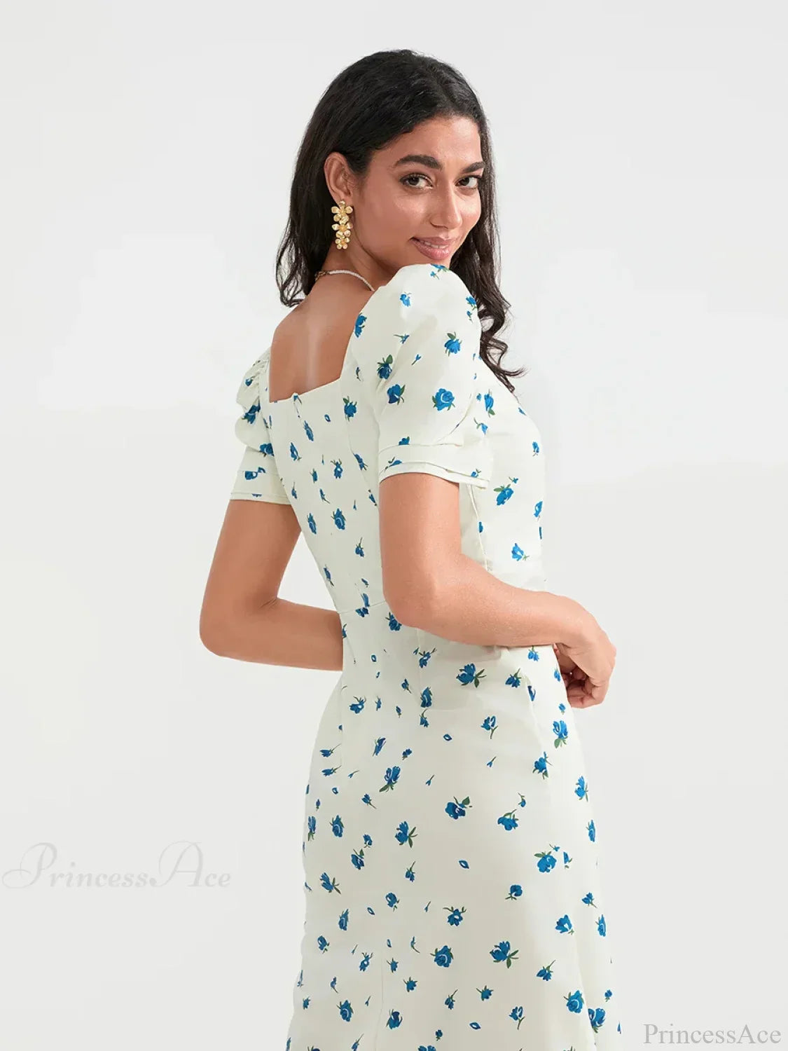 Summer Floral Midi Puff Sleeve A-Line Dress