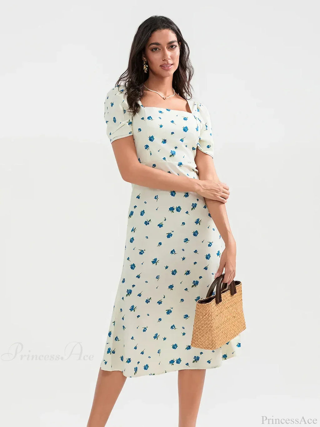 Summer Floral Midi Puff Sleeve A-Line Dress