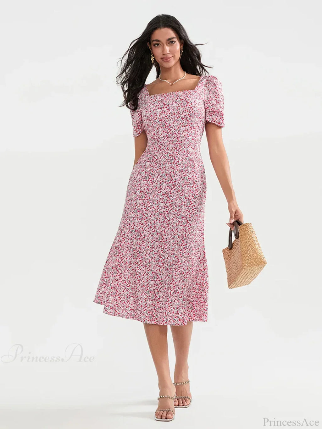 Summer Floral Midi Puff Sleeve A-Line Dress