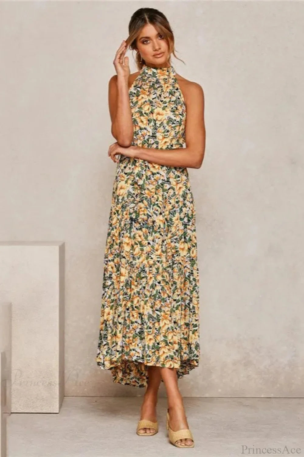 Summer Floral Print Halter Neck Beach Dress
