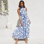 Summer Floral Print Halter Neck Beach Dress