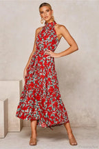 Summer Floral Print Halter Neck Beach Dress