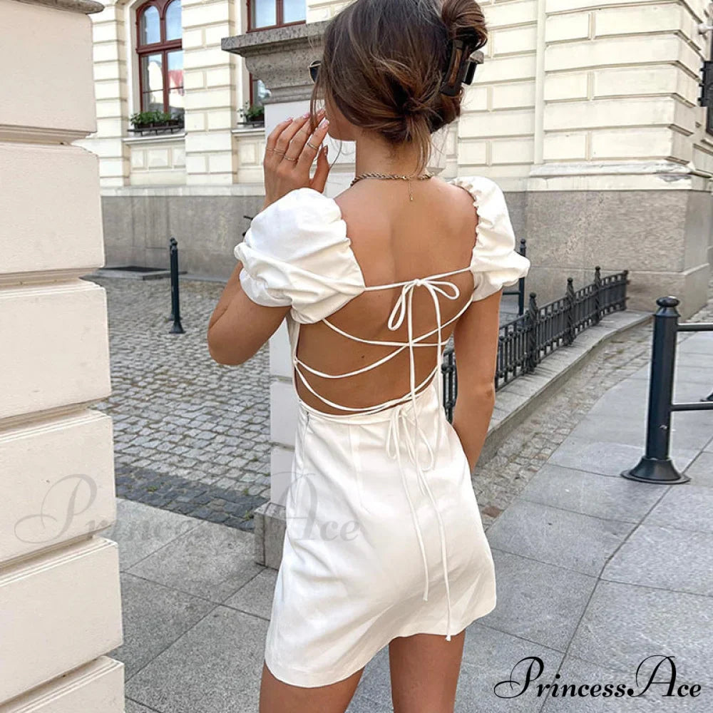 Summer Lace Linen Backless White Dress