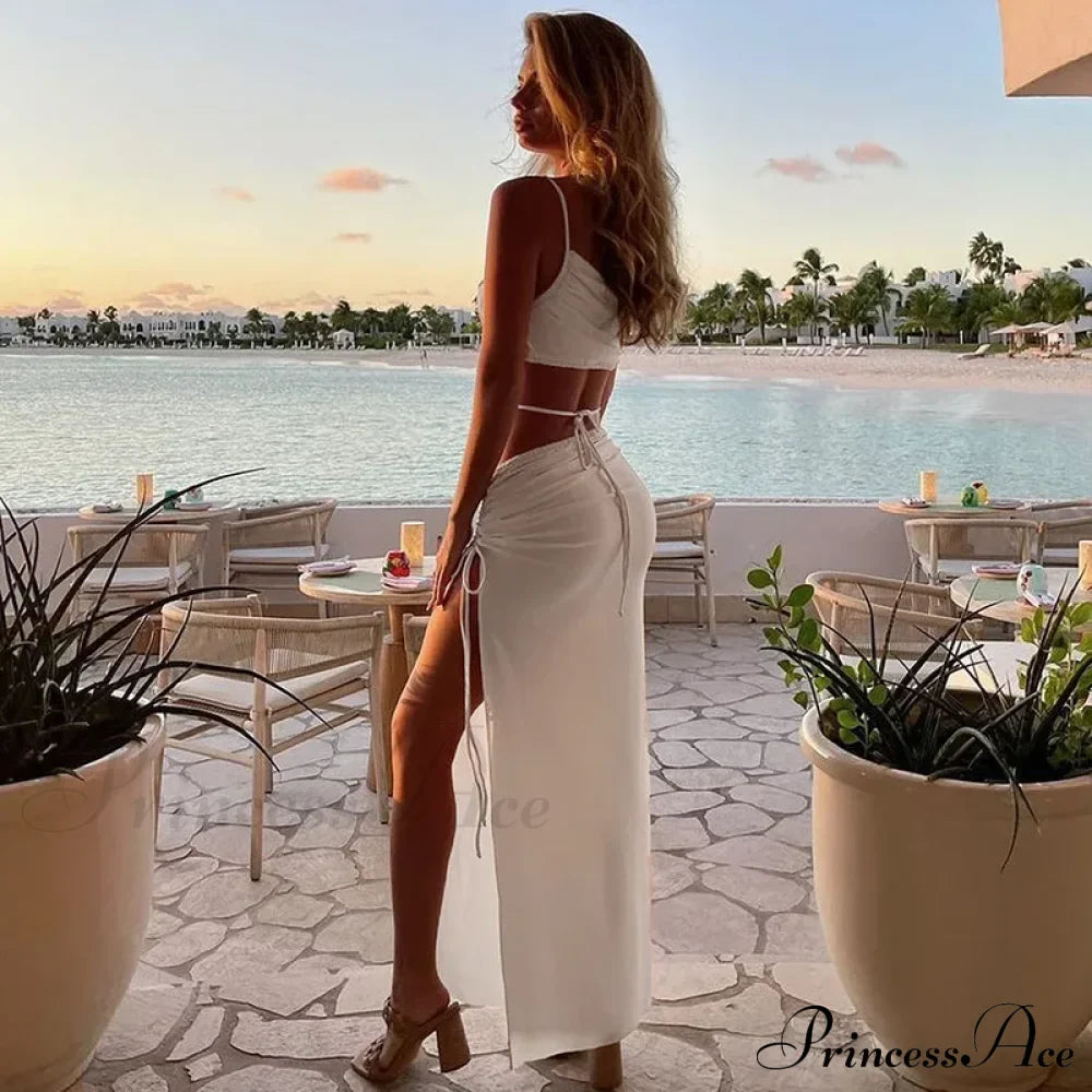 Summer Long Streetwear Bodycon Hollow Out Split Elegant Evening Y2K Clothes Top Cut Dress