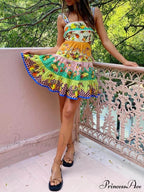 Summer Multicolorlemon Preated Charming Hem Mini Dress