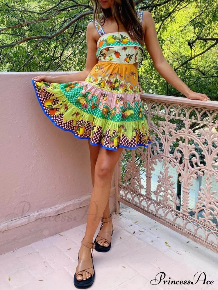 Summer Multicolorlemon Preated Charming Hem Mini Dress