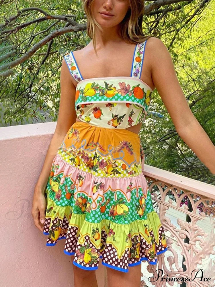 Summer Multicolorlemon Preated Charming Hem Mini Dress