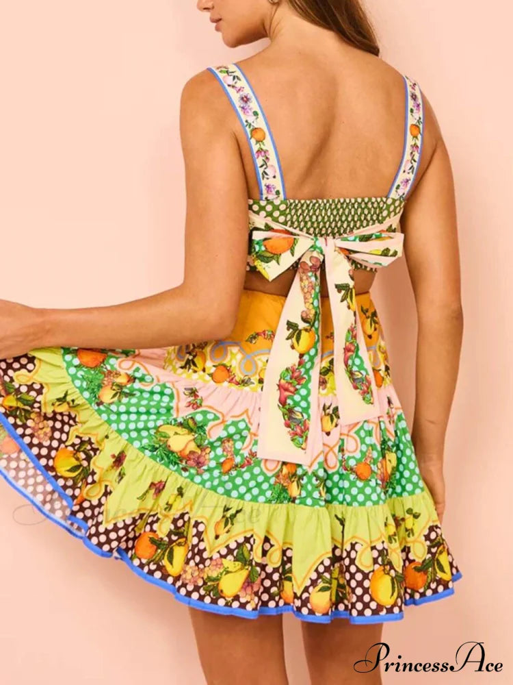Summer Multicolorlemon Preated Charming Hem Mini Dress