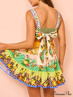Summer Multicolorlemon Preated Charming Hem Mini Dress