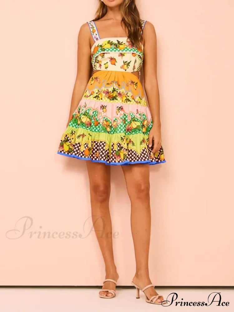 Summer Multicolorlemon Preated Charming Hem Mini Dress
