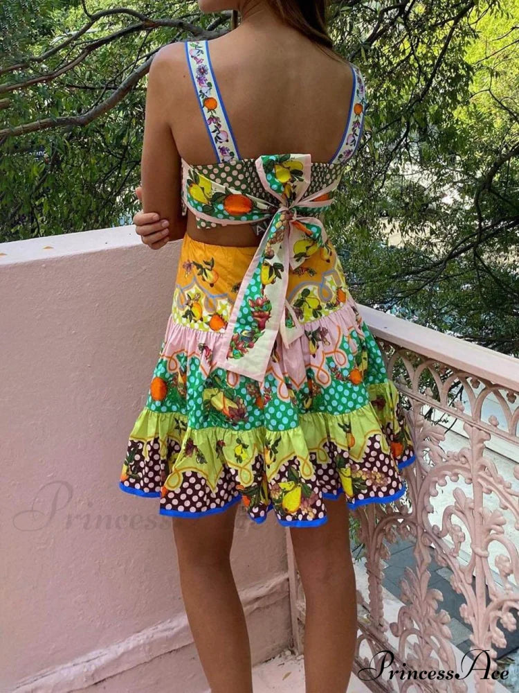 Summer Multicolorlemon Preated Charming Hem Mini Dress