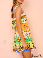 Summer Multicolorlemon Preated Charming Hem Mini Dress