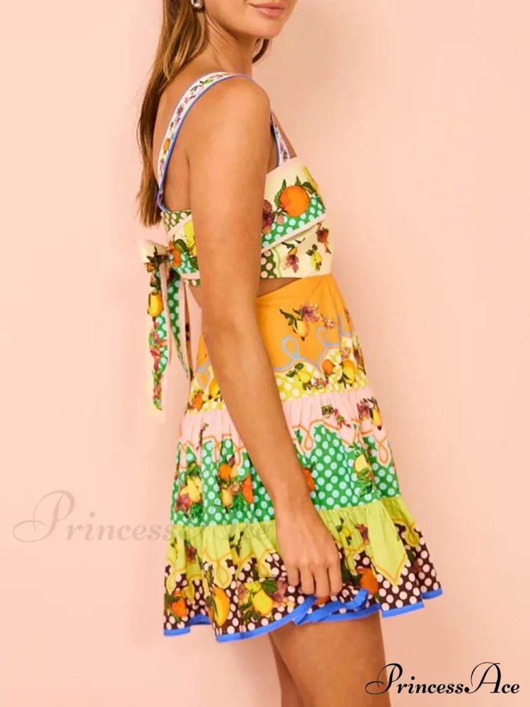 Summer Multicolorlemon Preated Charming Hem Mini Dress