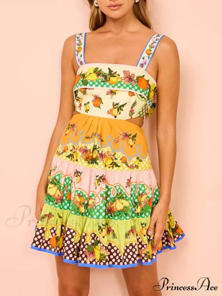 Summer Multicolorlemon Preated Charming Hem Mini Dress