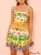 Summer Multicolorlemon Preated Charming Hem Mini Dress