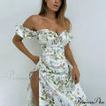 Summer Off Shoulder Puff Sleeve Lace Up Side Split Aesthetic Floral Dress