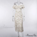 Summer Off Shoulder Puff Sleeve Lace Up Side Split Aesthetic Floral Dress