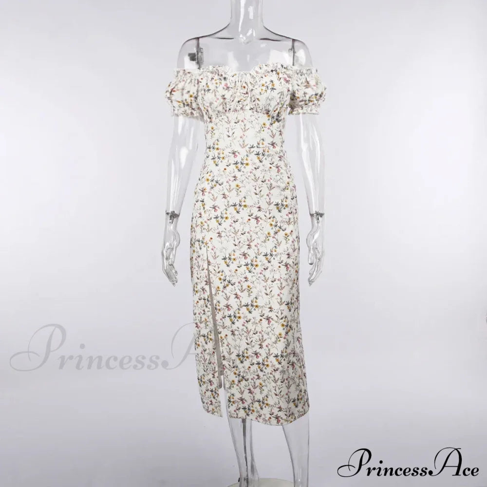 Summer Off Shoulder Puff Sleeve Lace Up Side Split Aesthetic Floral Dress