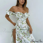 Summer Off Shoulder Puff Sleeve Lace Up Side Split Aesthetic Floral Dress