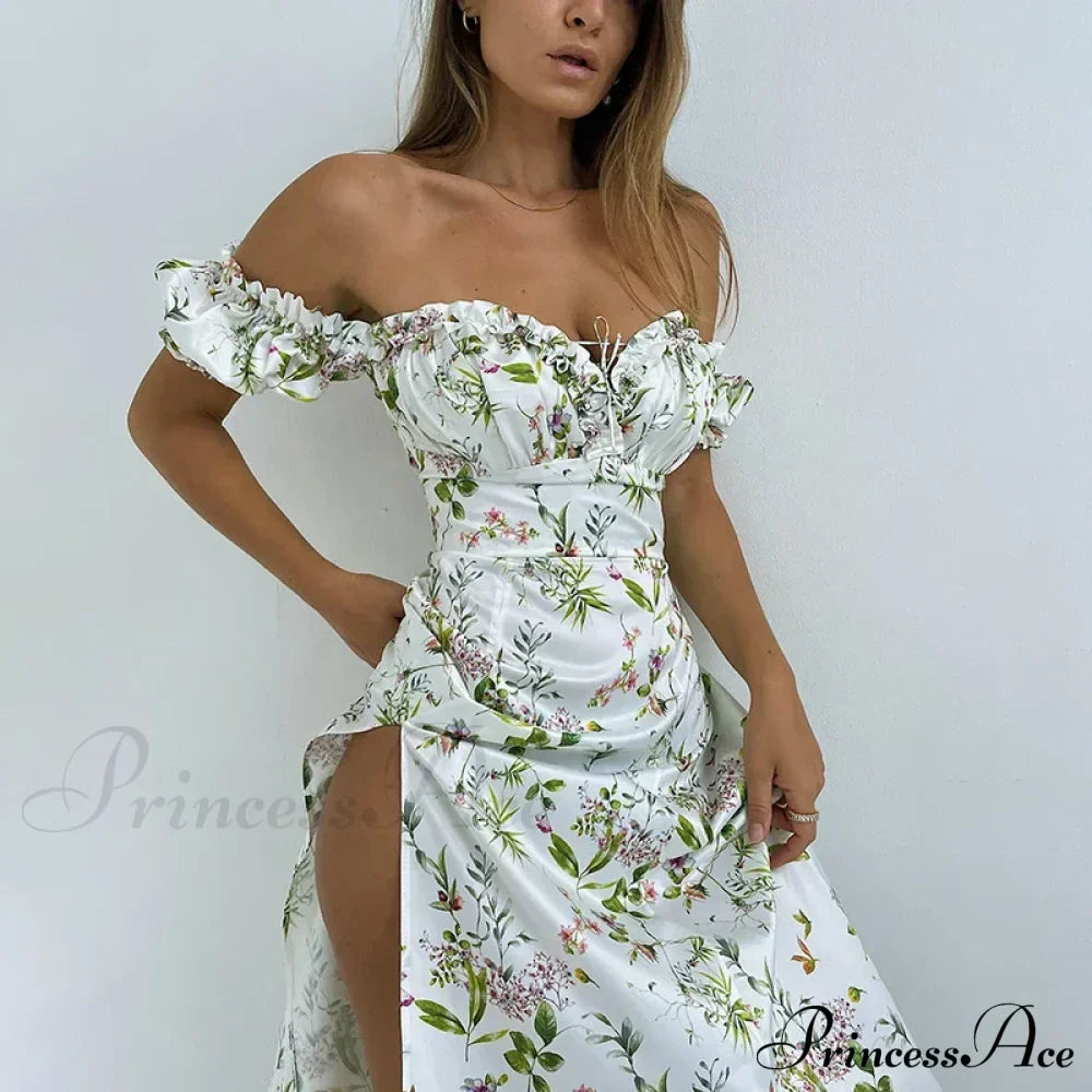 Summer Off Shoulder Puff Sleeve Lace Up Side Split Aesthetic Floral Dress