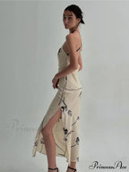 Summer Print Long Halter Backless Satin Split Es Women Vestidos Floral Dress