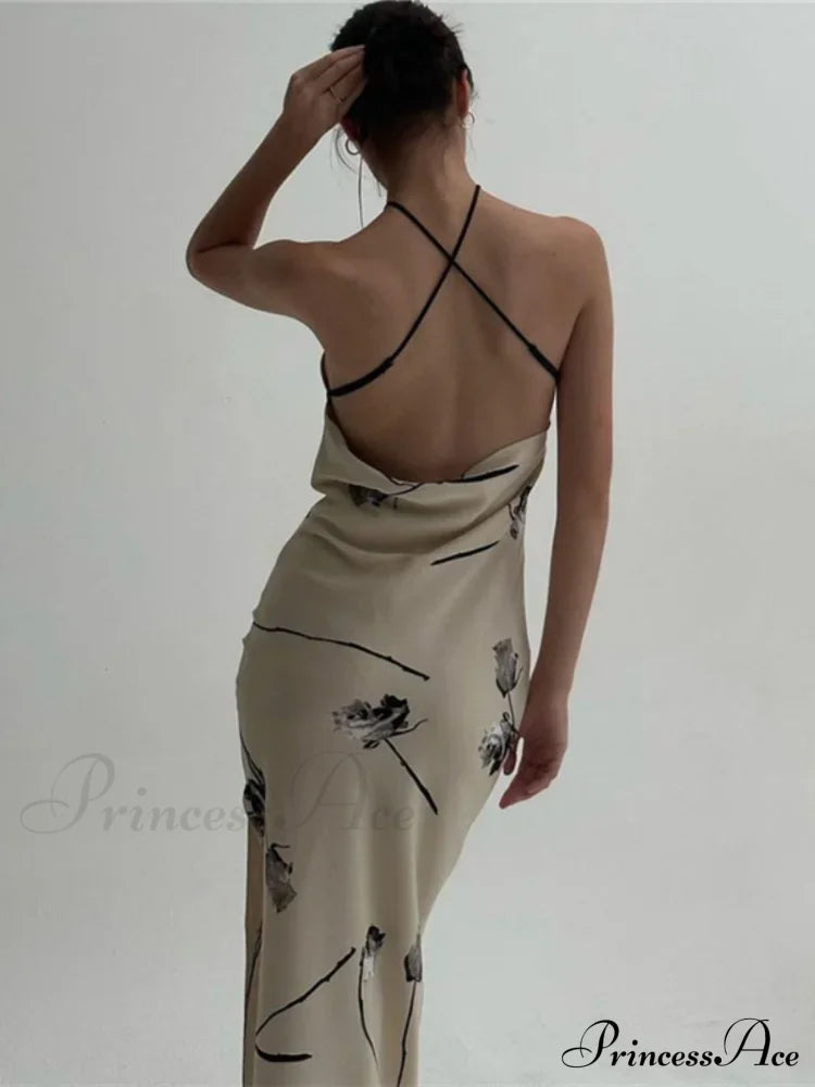 Summer Print Long Halter Backless Satin Split Es Women Vestidos Floral Dress
