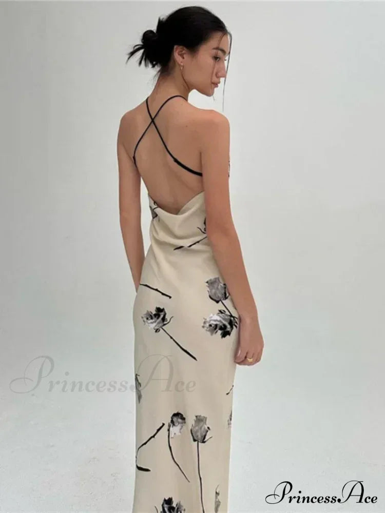 Summer Print Long Halter Backless Satin Split Es Women Vestidos Floral Dress