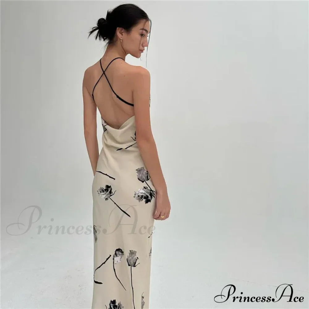 Summer Print Long Halter Backless Satin Split Es Women Vestidos Floral Dress