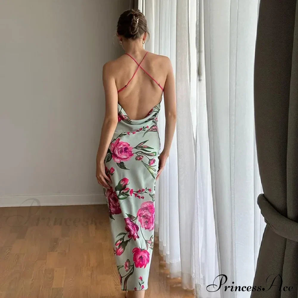Summer Print Long Halter Backless Satin Split Es Women Vestidos Floral Dress