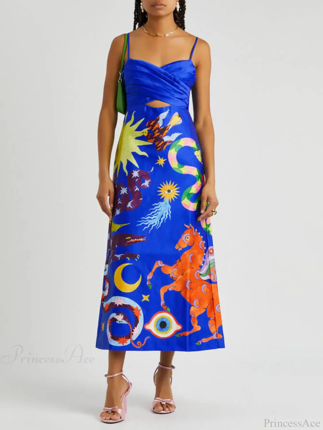 Summer Satin Backless Graceful Printed Sleeveless Midi Dress