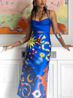 Summer Satin Backless Graceful Printed Sleeveless Midi Dress