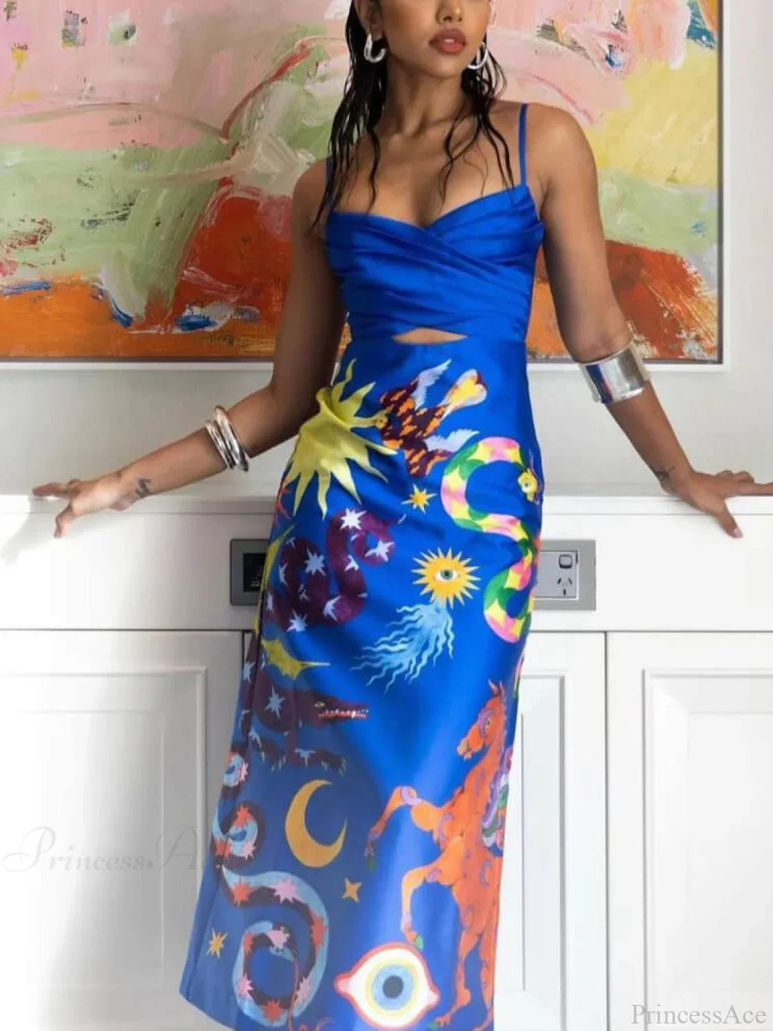 Summer Satin Backless Graceful Printed Sleeveless Midi Dress