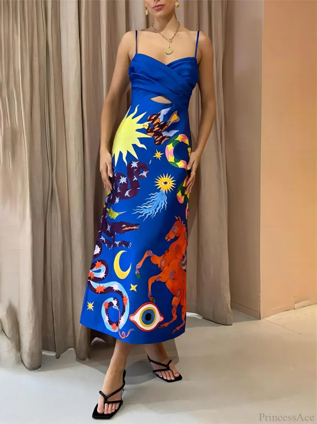 Summer Satin Backless Graceful Printed Sleeveless Midi Dress