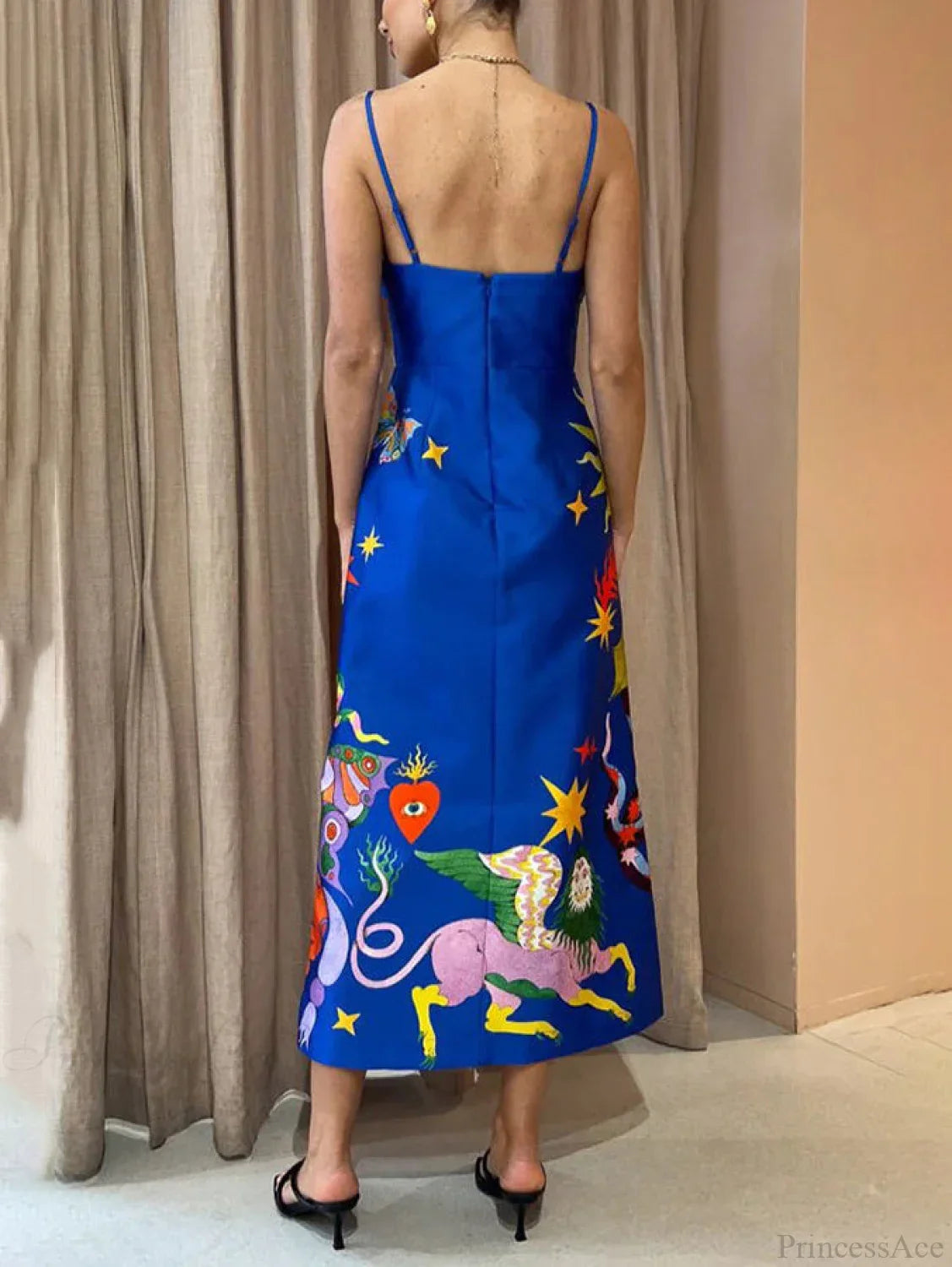 Summer Satin Backless Graceful Printed Sleeveless Midi Dress
