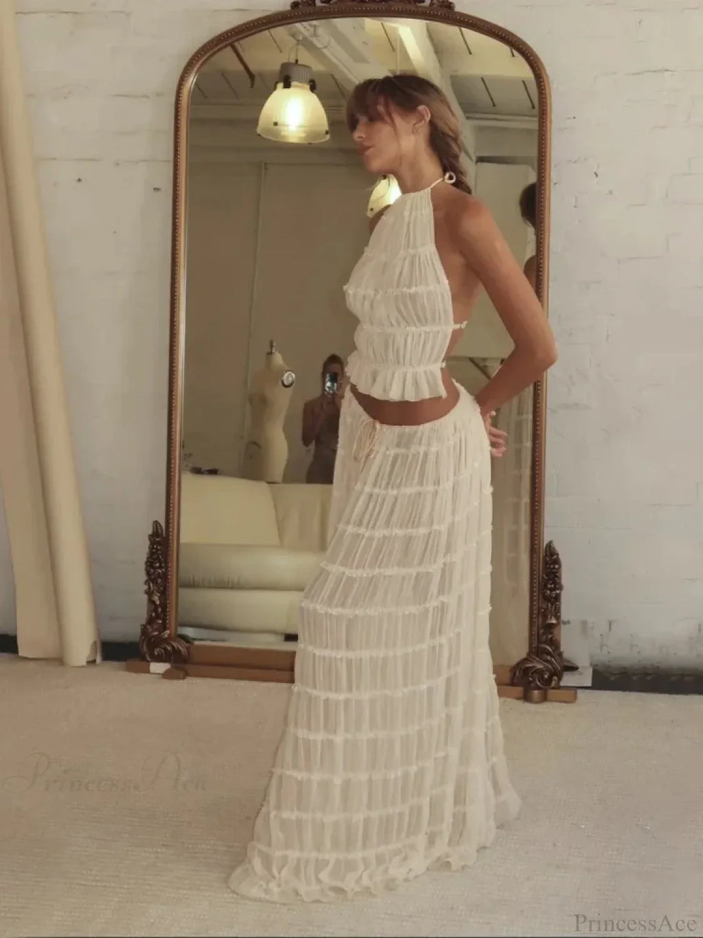 Summer Sleeveless Backless Top High Waist Skirt Beach Party Dress