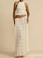 Summer Sleeveless Backless Top High Waist Skirt Beach Party Dress