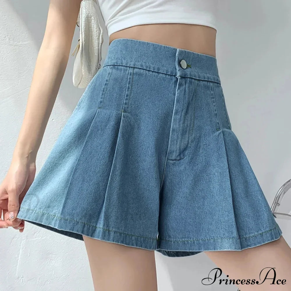 Summer Size Denim High Elastic Waist Pleated Mini Large Short