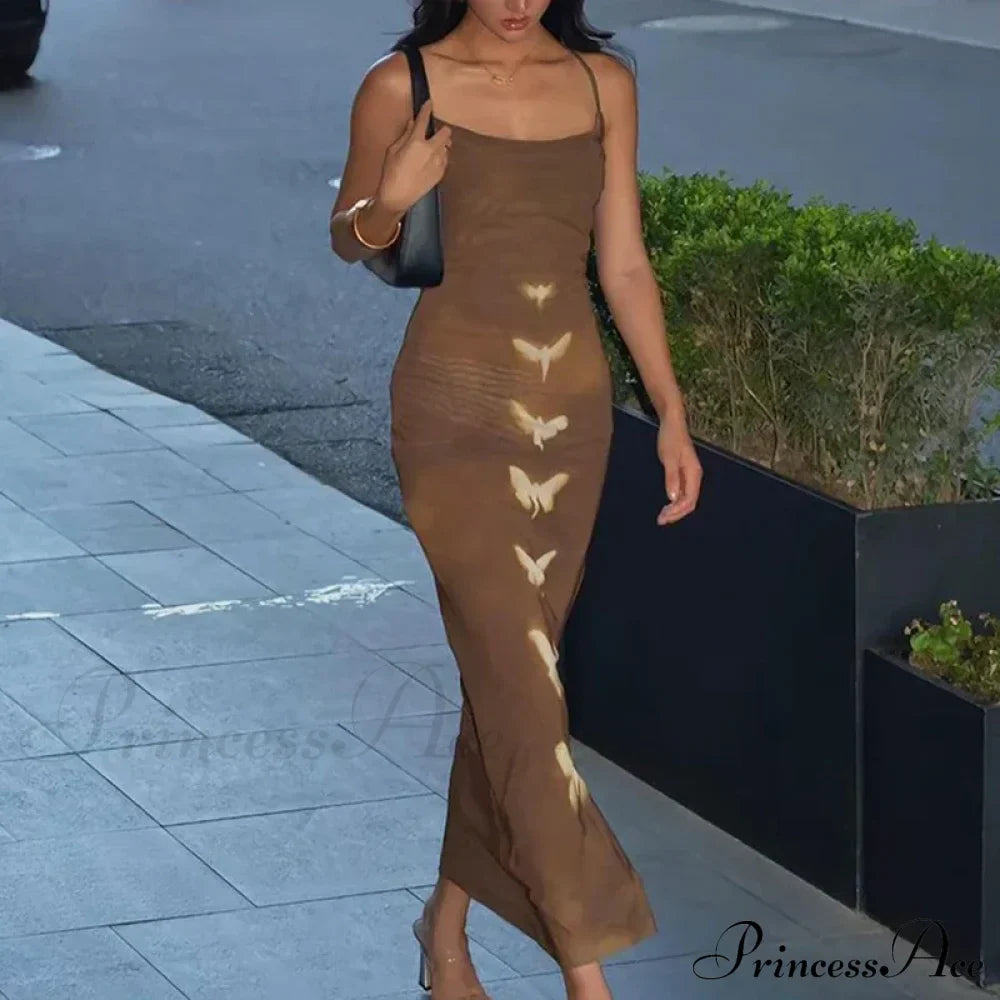 Summer Sleeveless Print Backless Slim Strap Long Elegant Club Party Bodycon Dress