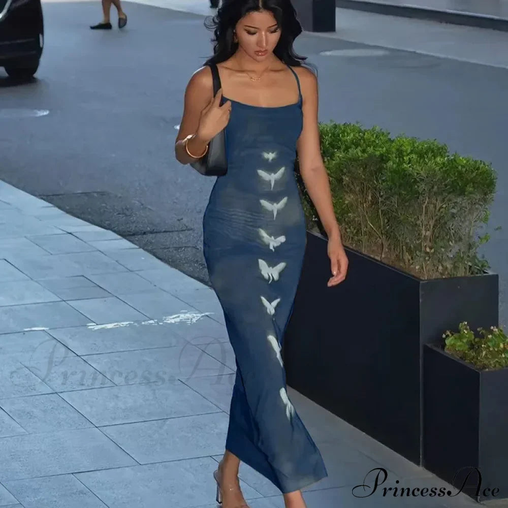 Summer Sleeveless Print Backless Slim Strap Long Elegant Club Party Bodycon Dress