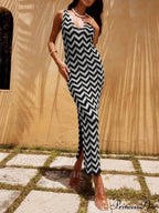 Summer V-Neck Striped Crochet Graceful Slit Maxi Dress