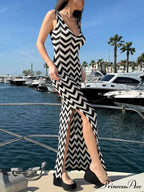 Summer V-Neck Striped Crochet Graceful Slit Maxi Dress