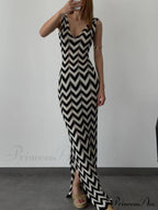 Summer V-Neck Striped Crochet Graceful Slit Maxi Dress