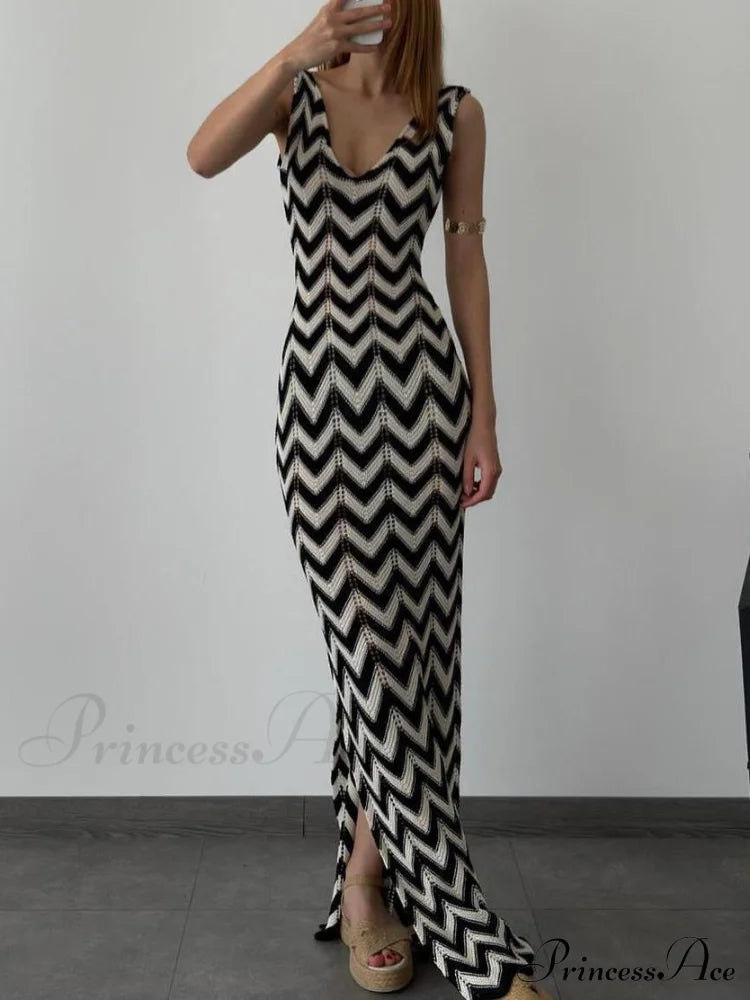 Summer V-Neck Striped Crochet Graceful Slit Maxi Dress