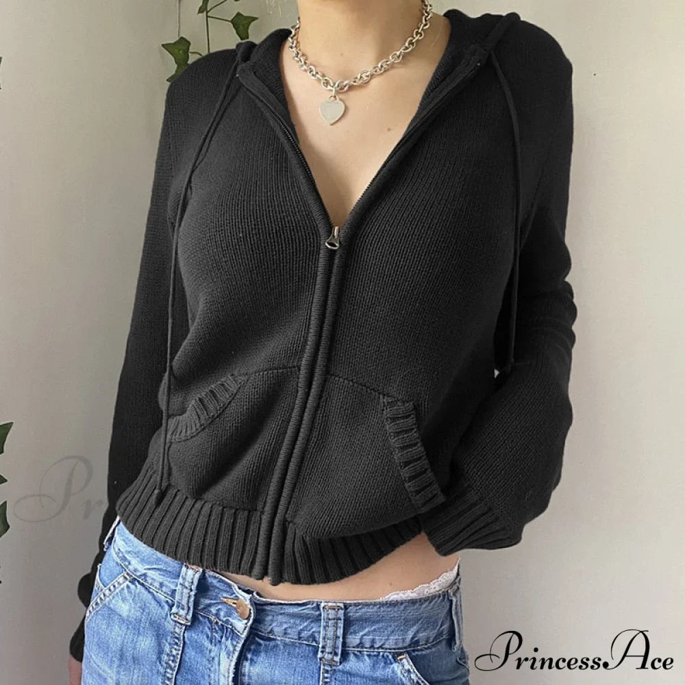 Sweatshirts Hoodies Zip-Up Women鈥檚 Long Cardigan Solid Knit Y2K Color Drawstring Casual Sweaters Arm Clothing